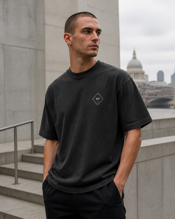 Model wearing the BPANDA Beyond the Crowd black vintage T-shirt in London