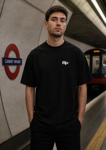 Male model wearing the BPANDA Concrete Signal Heavyweight T-Shirt, front view