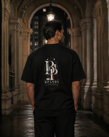 Male model wearing the BPANDA Night Circuit Heavyweight T-Shirt, back view with central BPANDA print