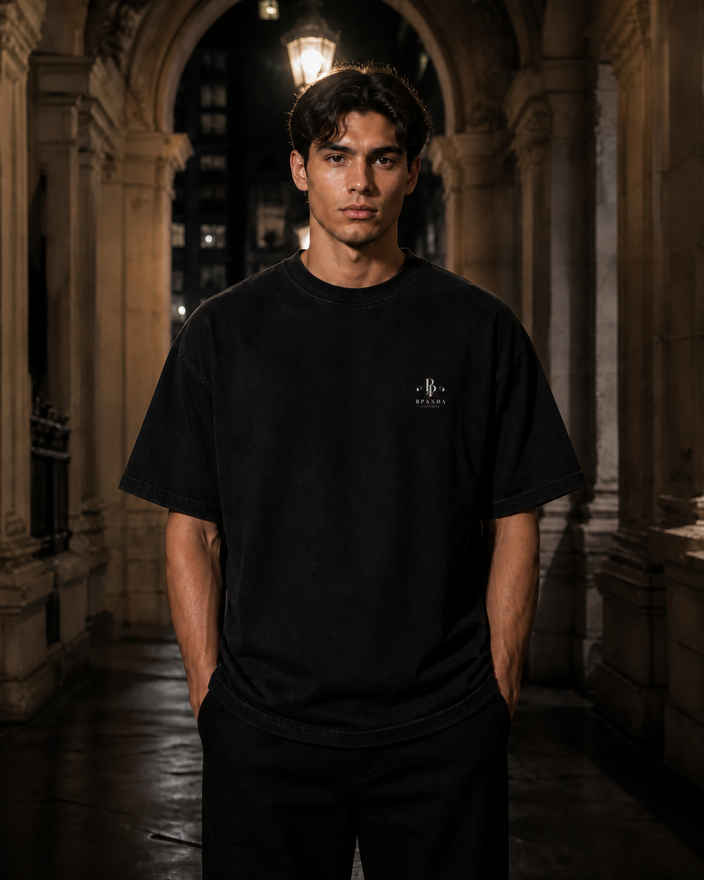 Male model wearing the BPANDA Night Circuit Heavyweight T-Shirt, front view with left-chest BP print