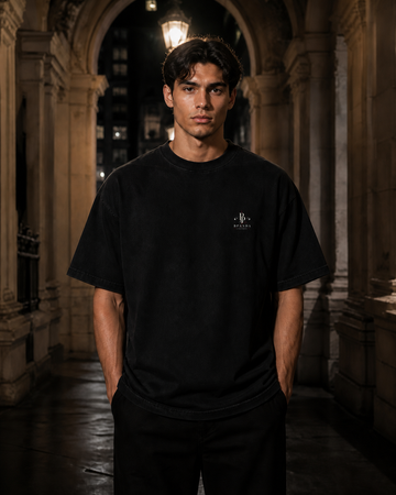 Male model wearing the BPANDA Night Circuit Heavyweight T-Shirt, front view with left-chest BP print