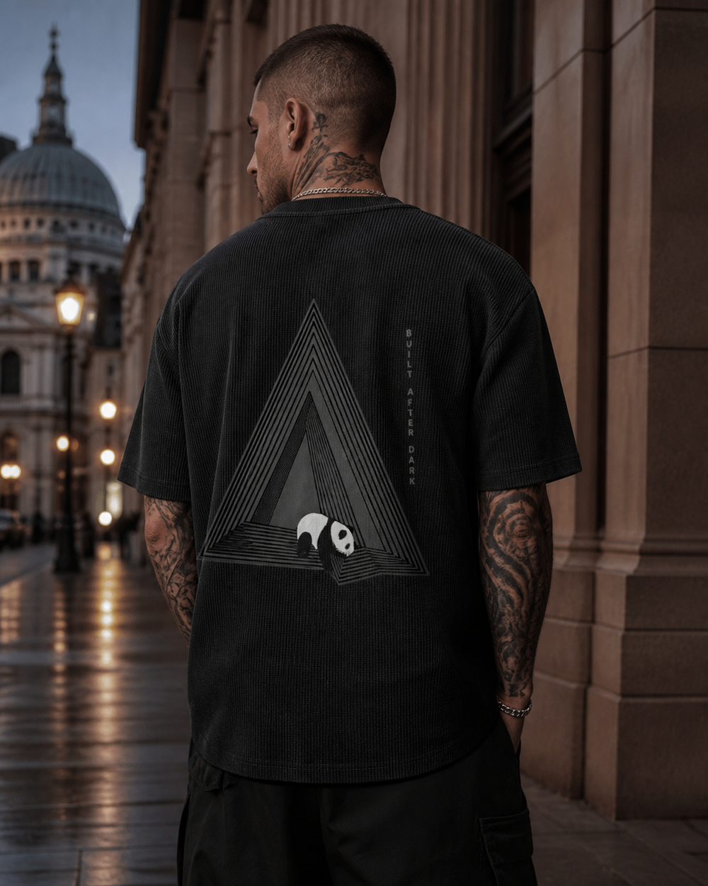 Model wearing the BPANDA Built After Dark waffle T-shirt