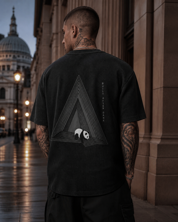 Model wearing the BPANDA Built After Dark waffle T-shirt