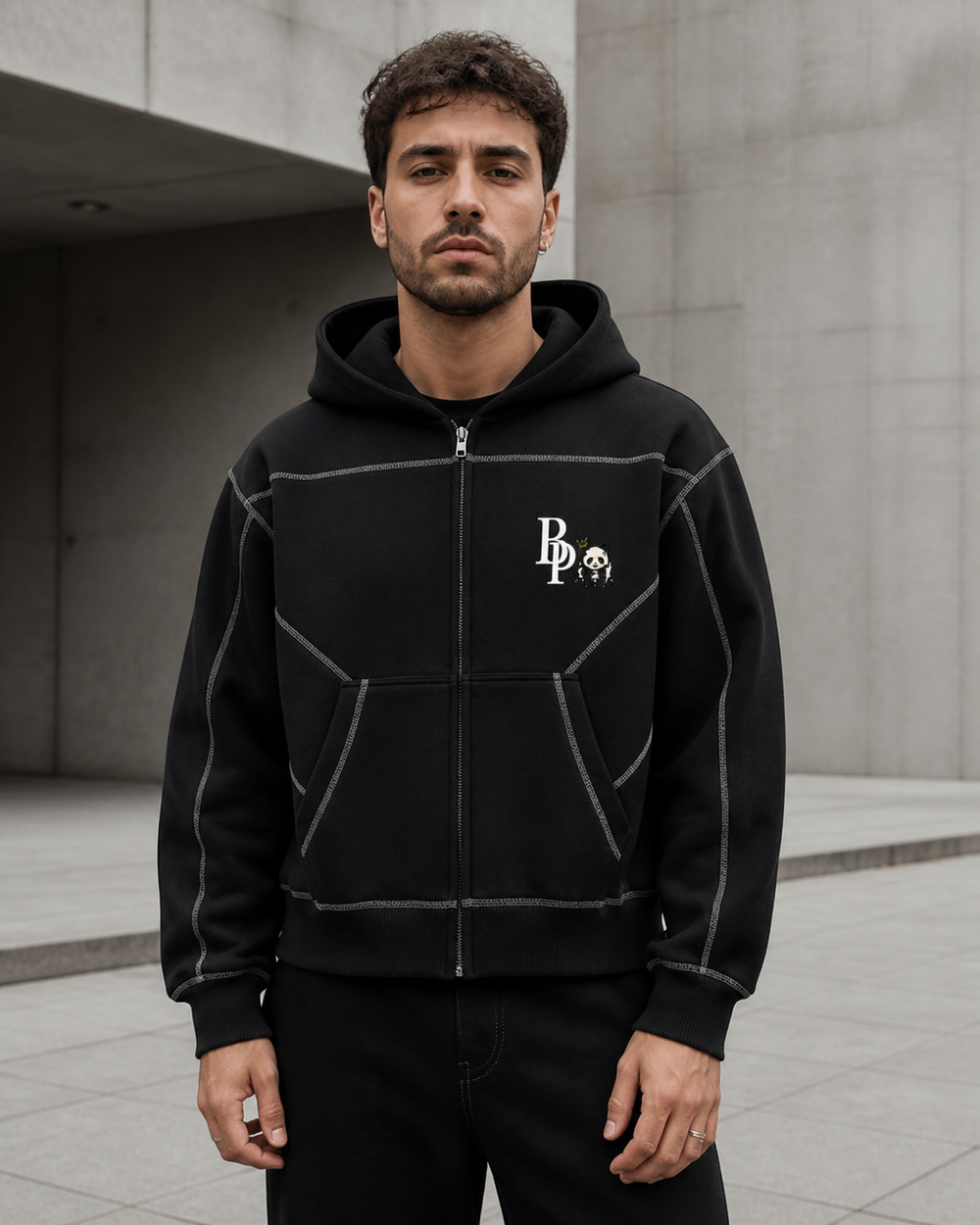 Model wearing the BPANDA Contrast Stitch zip hoodie