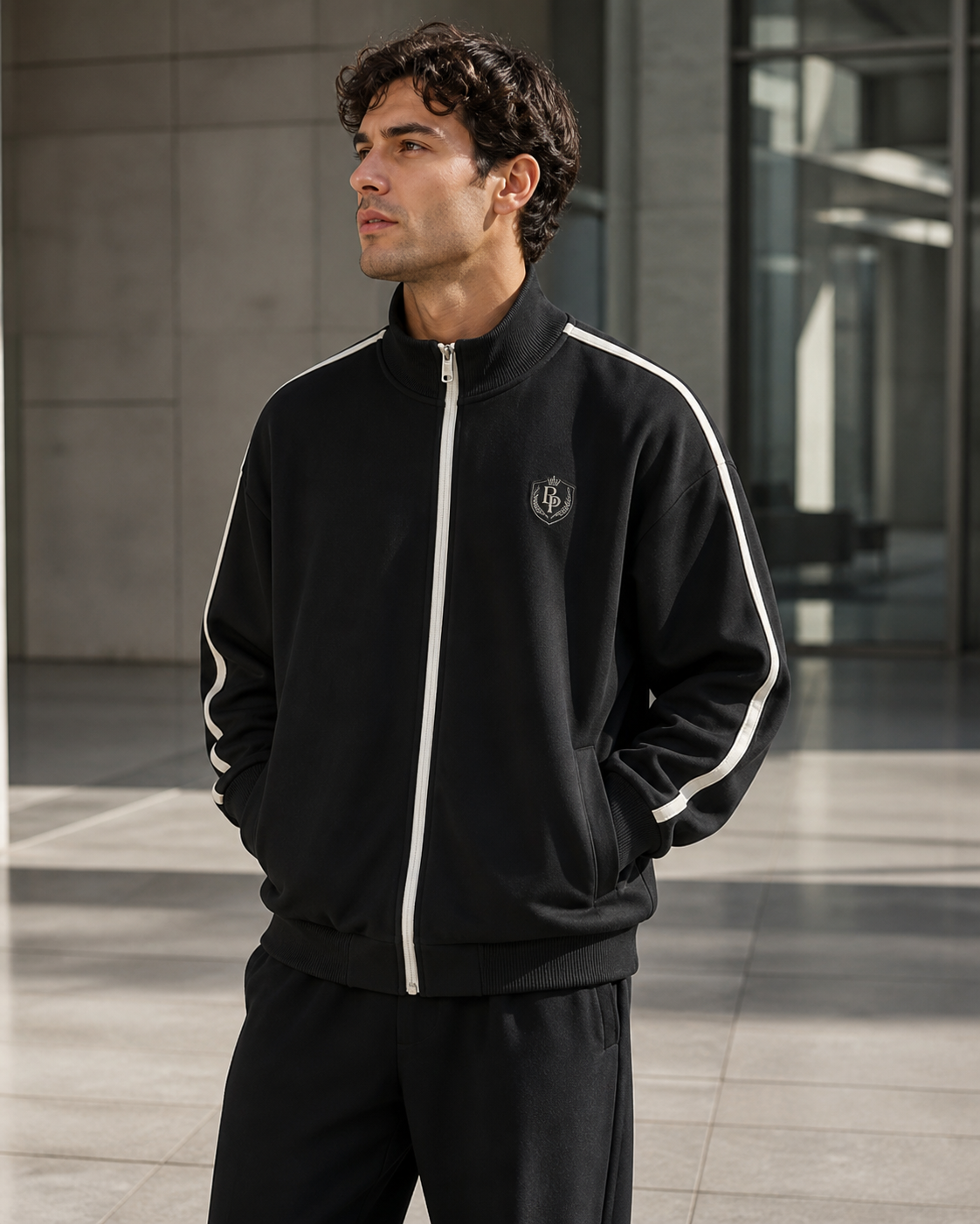 Male model wearing the BPANDA Crest Stripe track jacket