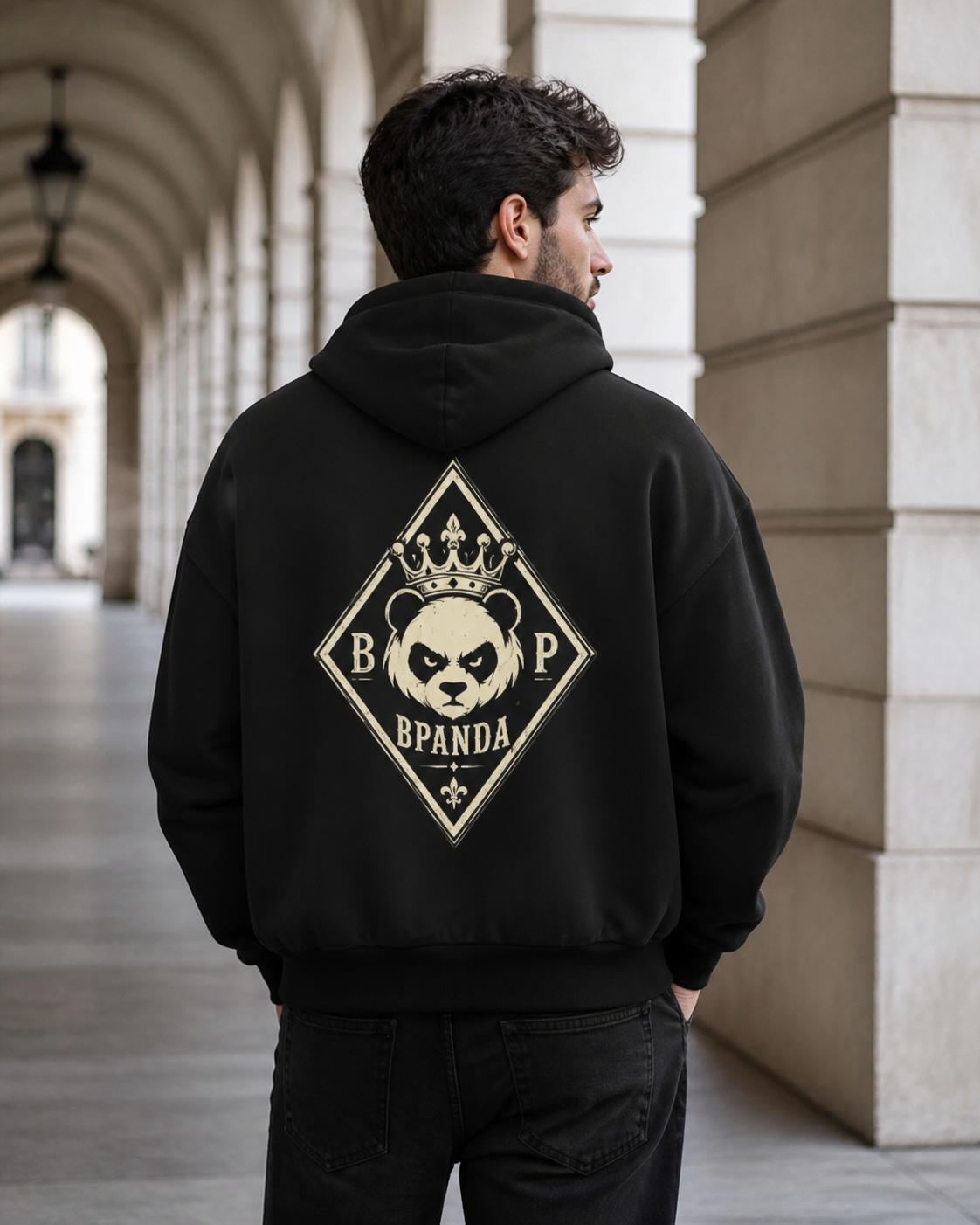 Male model wearing the BPANDA Crown Panda heavyweight hoodie