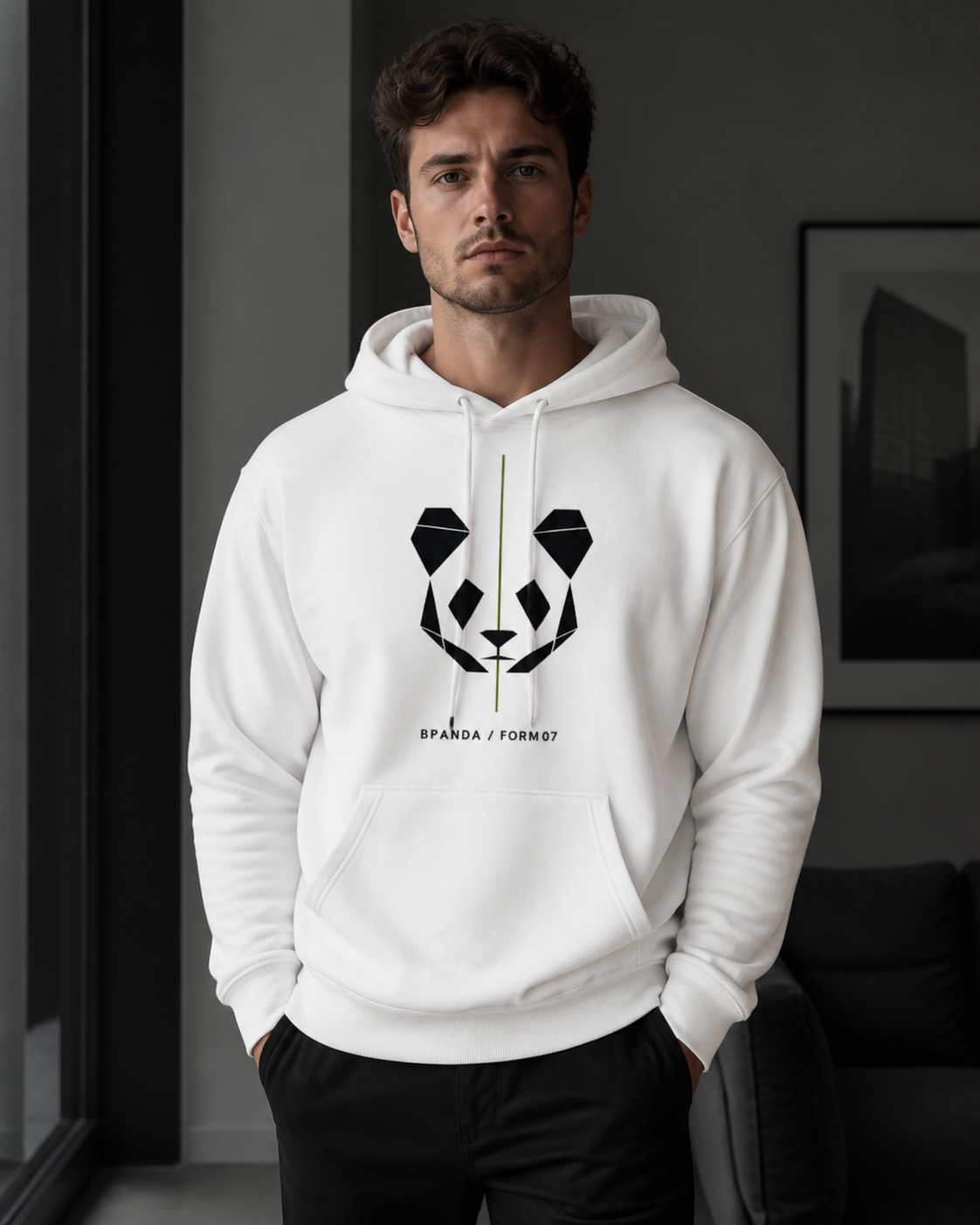 Male model wearing the BPANDA Form 07 graphic hoodie