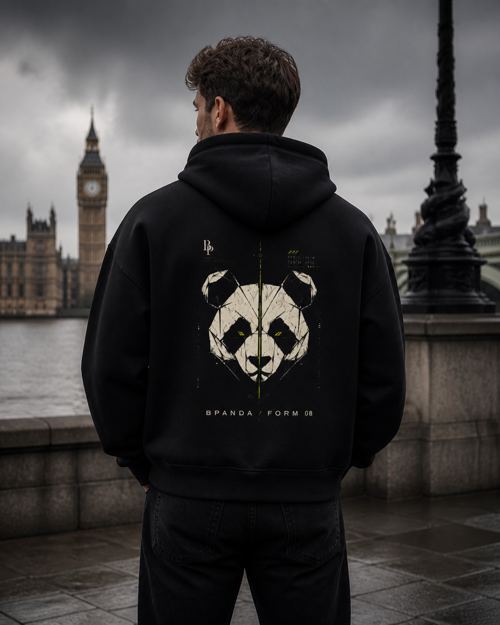 Model wearing the BPANDA Form 08 heavyweight hoodie